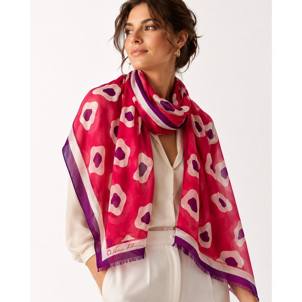 Anne Klein Vera Neumann Silk Scarf | Pink Purple Ivory Long Signed Scarf
